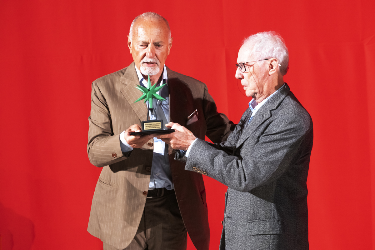 _DSF5703.jpg - 04/06/2024. Torino. Consegna premio Stella della Mole all'illustratore Bruno Bozzetto nell'ambito della inaugurazione del Festival CinemAmbiente. Nella foto Bruno Bozzetto riceve il premio da Enzo Ghigo