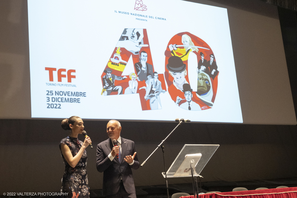 _DSF9310.jpg - 25/11/2022. Torino. Teatro Regio,  l'inaugurazione del 40mo TFF. Nella foto   un momento della cerimonia di apertura sul palco del Teatro Regio con  Pilar Fogliati ed Enzo Ghigo