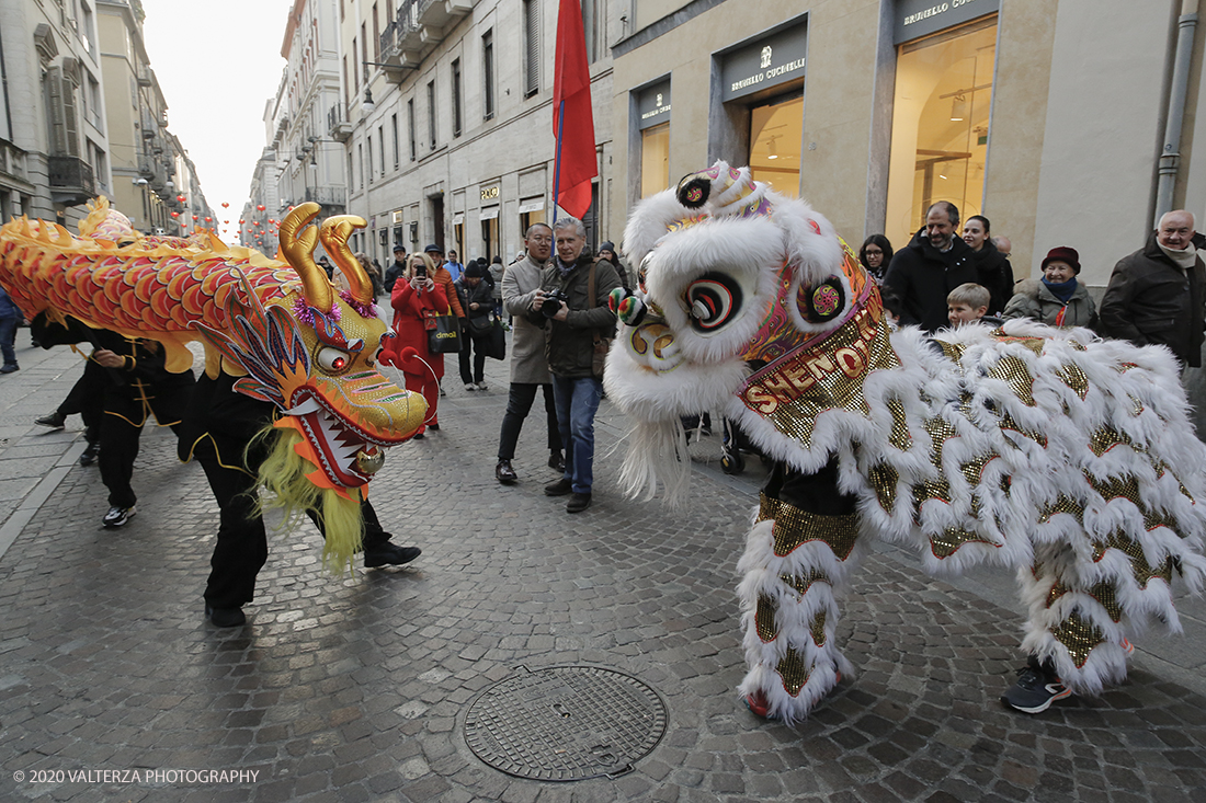 _X9B0743.jpg - 24/01/2020. Torino. Torino festeggia il Capodanno Cinese. Le 10 associazioni che riuniscono la comunitÃ  cinese di Torino hanno organizzato dal 24 al 26 gennaio un ricco programma di appuntamenti ed eventi per celebrare la festa piÃ¹ importante nel paese del Dragone. Nella foto la parata di apertura del capodanno cinese e danza beneaugurale del drago e del leone.