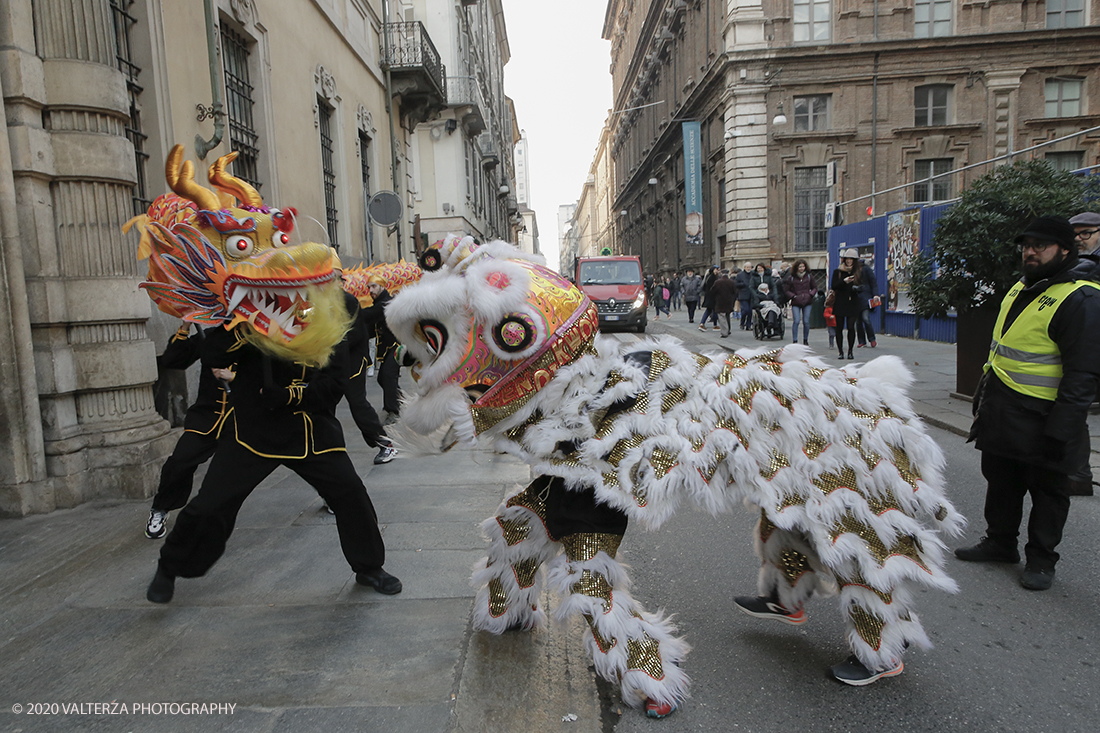 _X9B0815.jpg - 24/01/2020. Torino. Torino festeggia il Capodanno Cinese. Le 10 associazioni che riuniscono la comunitÃ  cinese di Torino hanno organizzato dal 24 al 26 gennaio un ricco programma di appuntamenti ed eventi per celebrare la festa piÃ¹ importante nel paese del Dragone. Nella foto la parata di apertura del capodanno cinese e danza beneaugurale del drago e del leone.