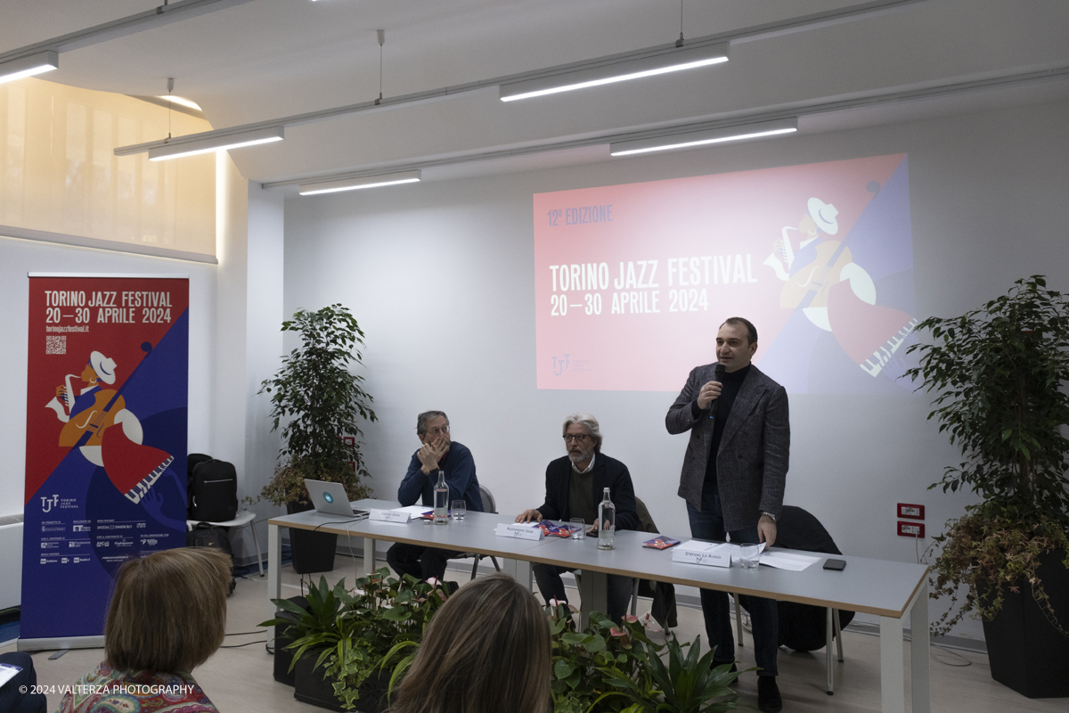 _DSF7448.jpg - 07/03/2024. Torino. Presentazione del TJF 2024. Nella foto il tavolo dei relatori della conferenza stampa Stefano Zenni Direttore Artistico,  Alessandro Isaia Segretario generale  Fondazione per la Cultura Torino, Stefano Lo Russo Sindaco di Torino