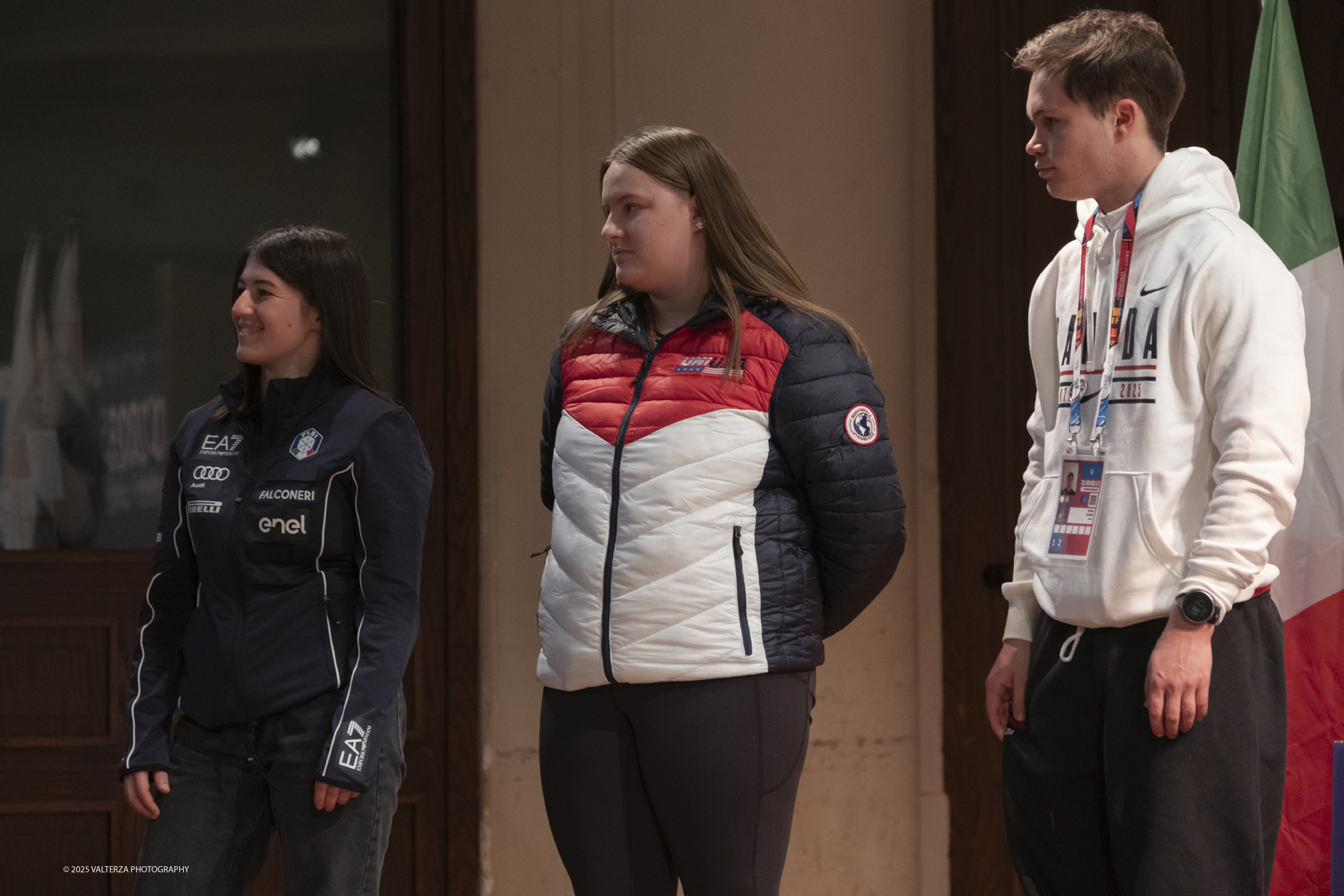 _DSF3947.jpg - 12)01/2025. Torino. FISU World University GamesOpening Press Conference. Nella foto the young athletes Margherita Cecere, Italian alpine skier from Bardonecchia, Teagan Thurston from the USA womenâ€™s curling team and Charles Lecours, para-cross-country skier from Canada