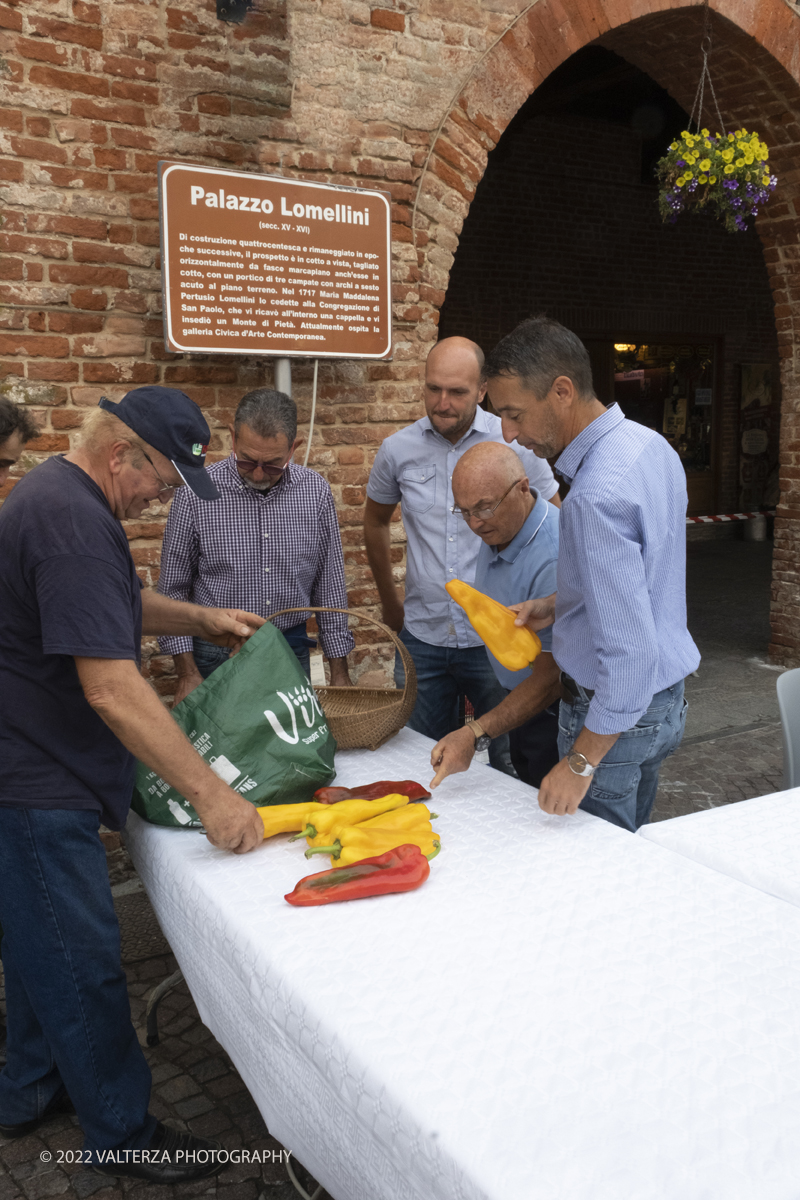 DSCF1998.jpg - 04/09/2022. Carmagnola. Nell'ambito della 73^ edizione della fiera Fiera Ã¨ andato in scena il peperone day 2022 , torna la nuova edizione della Festa di Re Peperone e della Bela Povronera, con sfilata delle maschere. Nella foto selezione dei peperoni ammessi al tradizionale concorso fatta dai verificatori con i produttori