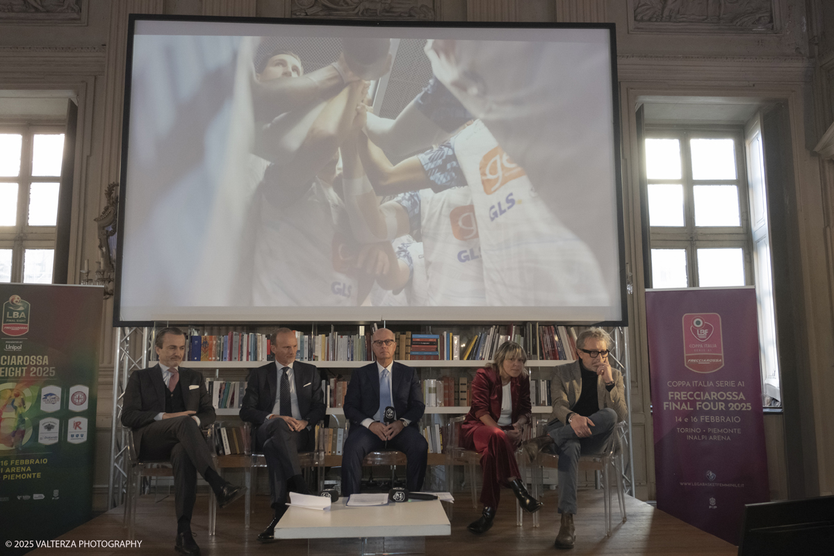 _DSF5525.jpg - Turin, Italy, February 5, 2025: Dario Gallina President of the Turin Chamber of Commerce, Flavio Siniscalchi, Head of the Department for Sport, Umberto Gandini President of the LBA, Marina Chiarelli Councilor for Sport - Piedmont Region and Domenico Carretta Councilor for Sport - Municipality of Turin take part in the press conference to present the FRECCIAROSSA FINAL EIGHT 2025 basketball cup