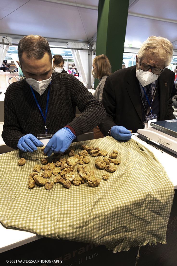 _DSF1461.jpg - 09/10/2021. Alba. Il mercato mondiale della fiera Ã¨ il punto di convergenza dell'evento dove Ã¨ possibile acquistare esemplari certificati di tartufo bianco. Nella foto giudici al lavoro per certificare i tuberi sottoposti dai trifulau