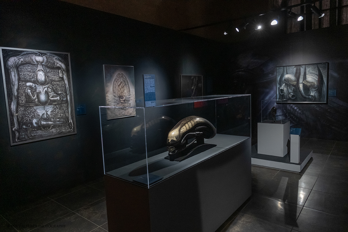 _DSF7268.jpg - 04/10/2024. Torino.  La prima e ampia retrospettiva prevista in Italia dedicata a Hans Ruedi Giger, uno degli artisti piÃ¹ visionari del secondo Novecento. Oltre settanta pezzi originali tra dipinti, sculture, disegni, fotografie, oggetti di design e video provenienti dal Museo Giger. Nella foto parte dell'allestimento della mostra