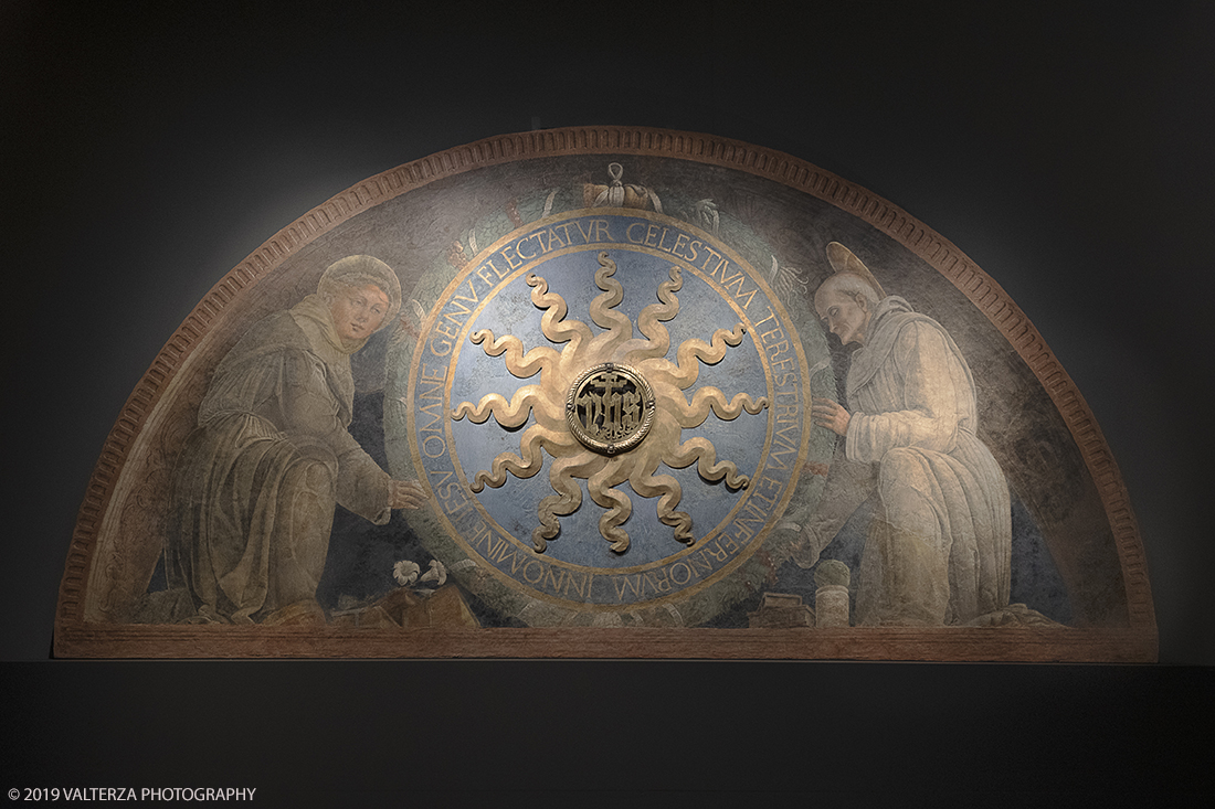 _DSF8911.jpg - 11/12/2019. Torino. Andrea Mantegna. Rivivere l'antico ,costruire il moderno. Nella foto Andrea Mantegna.. Sant'Antonio di Padova e San Bernardino da Siena presentano il monogramma di Cristo. 1452