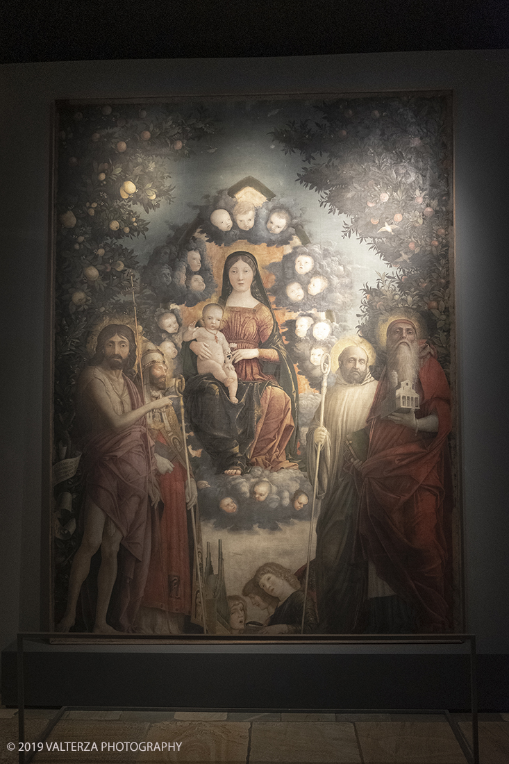 _DSF9071.jpg - 11/12/2019. Torino. Andrea Mantegna. Rivivere l'antico ,costruire il moderno. Nella foto Andrea Mantegna. Madonna con Bambino e i santi Giovanni Battista, GregorioMagno, Benedetto e Gerolamo (pala Trivulzio) 1497