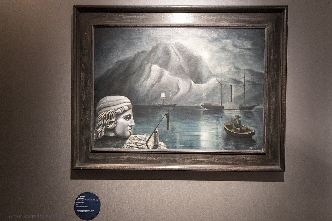 _G3I1280.jpg - 18/07/2019. Torino. A cinquant'anni esatti dallo sbarco del primo uomo sulla luna , Palazzo Madama presenta la mostra dalla Terra alla Luna. In mostra oltre 60 opere che raccontano l'influenza dell'astro d'argento sull'arte e sugli artisti dall'ottocento al 1969. Nella foto l'opera di Arturo Nathan. Sortilegi Lunari