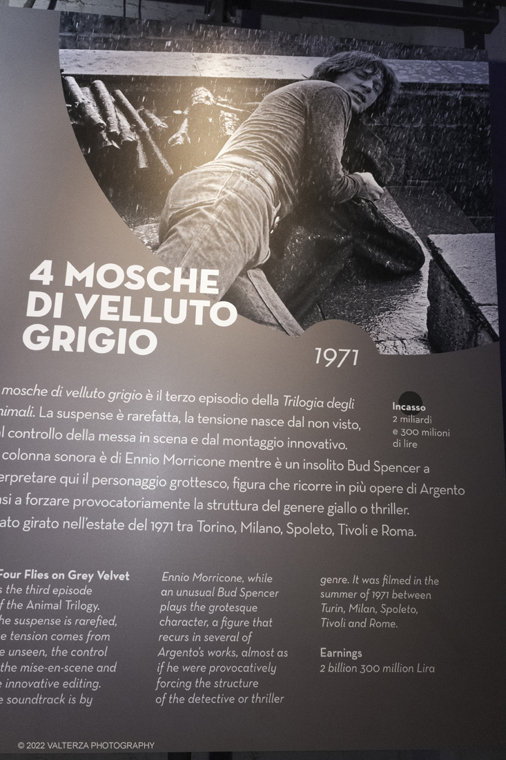 _DSF1076.jpg - 05/04/2022. Torino. Presentata la prima mostra dedicata a un grande maestro del cinema: il regista, sceneggiatore e produttore Dario Argento (Roma, 1940). Nella foto materiale del film 4 mosche di velluto grigio 1971