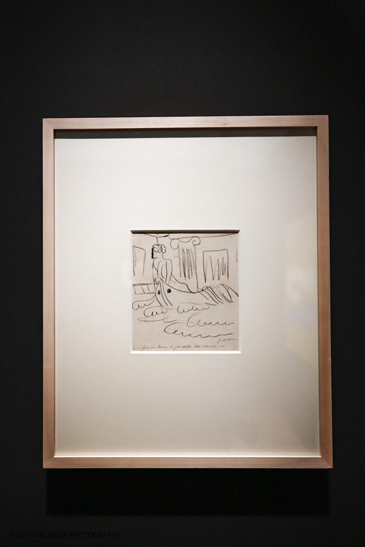 _X9B8152.jpg - 18/04/2019. Torino, La GAM di Torino presenta la grande mostra Giorgio de Chirico. Ritorno al Futuro, Neometafisica e Arte Contemporanea, un dialogo tra la pittura neometafisica di Giorgio de Chirico (Volo, Grecia, 1888 â€“ Roma, 1978) e le generazioni di artisti che, in particolare dagli anni Sessanta in poi, si sono ispirati alla sua opera, riconoscendolo come il maestro che ha anticipato la loro nuova visione e che con la sua neometafisica si Ã¨ posto in un confronto diretto con gli autori piÃ¹ giovani. Nella foto De Chirico; Il ritorno di Ulisse. Matita su cartoncino metÃ  anni 30 nella sezione speciale Verso Michelangelo