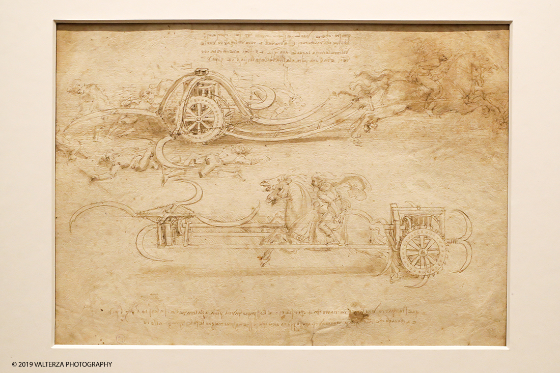 _G3I2009.jpg - 15/04/2019. Torino. La Mostra celebra i cinquecento anni della morte di Leonardo.Il percorso ruota interno al nucleo di disegni autografidi Leonardo da VInci conservati alla Biblioteca reale di Torino. Nella foto studi di carri falcati circa 1485