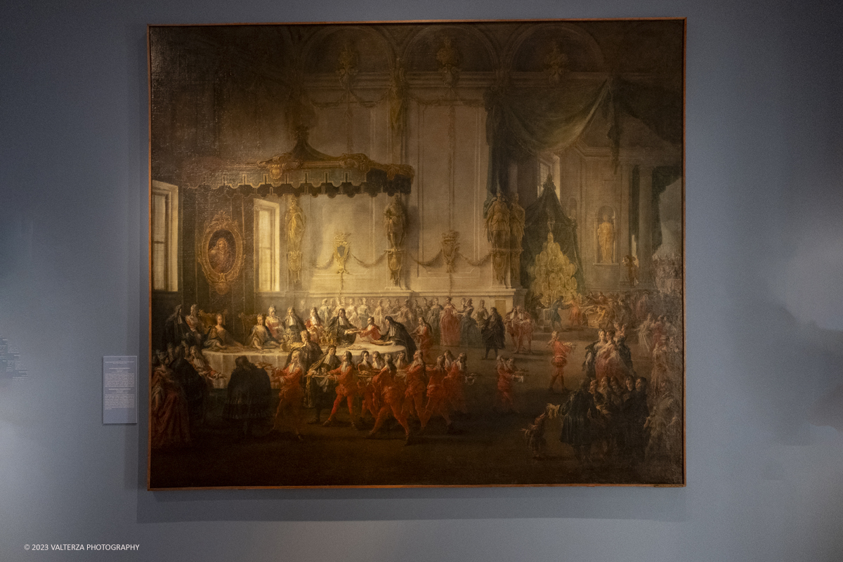 _DSF6163.jpg - 27/09/2023. Torino. La Reggia di Venaria conclude l'anno 2023 dedicato al tema del cibo con una mostra emblematica fin dal titolo: Sovrani a Tavola .Pranzi imbanditi nelle corti Italiane.  Nella foto sala 7 dedicata al tema Pranzi e colazioni nel 700 0pera di Ilario Giacinto Mercanti detto Lo Spolverini, Convito nuziale di Elisabetta Farnese