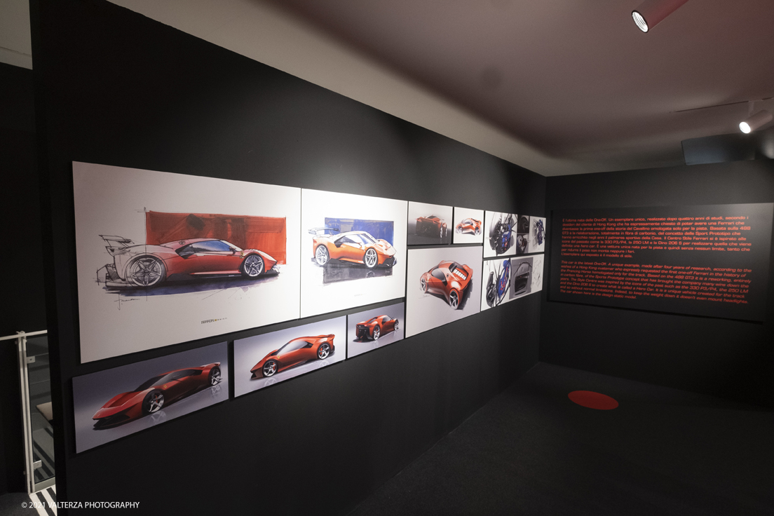 _DSF1235.jpg - 05/01/2022. Maranello. il Museo Ferrari di Maranello con il nuovo settore â€œGT 2021, a memorable yearâ€� che celebra lâ€™anno piÃ¹ vincente della storia di Ferrari nelle competizioni GT. Nella foto schizzi e disegni per la One off Ferrari Monza FP2