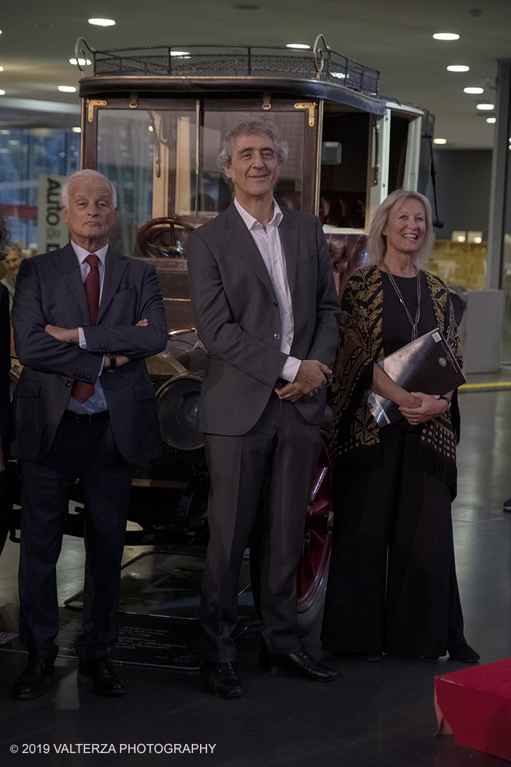 _DSF5560.jpg - 24/09/2019. Torino. Il Mauto ha da oggi un nuovo spazio espositivo permanente dedicato al suo fondatore, Carlo Biscaretti di Ruffia e inaugurato in occasione delle celebrazioni per i 140 anni dalla nascita e i 60 anni dalla scomparsa: allestimenti multimediali e disegni originali raccontano l'avventura del personaggio anticonformista e visionario che ha fondato il Museo dell'Automobile di Torino. Nella foto Piergiorgio RE, Benedetto Camerana, Mariella Mengozzi.