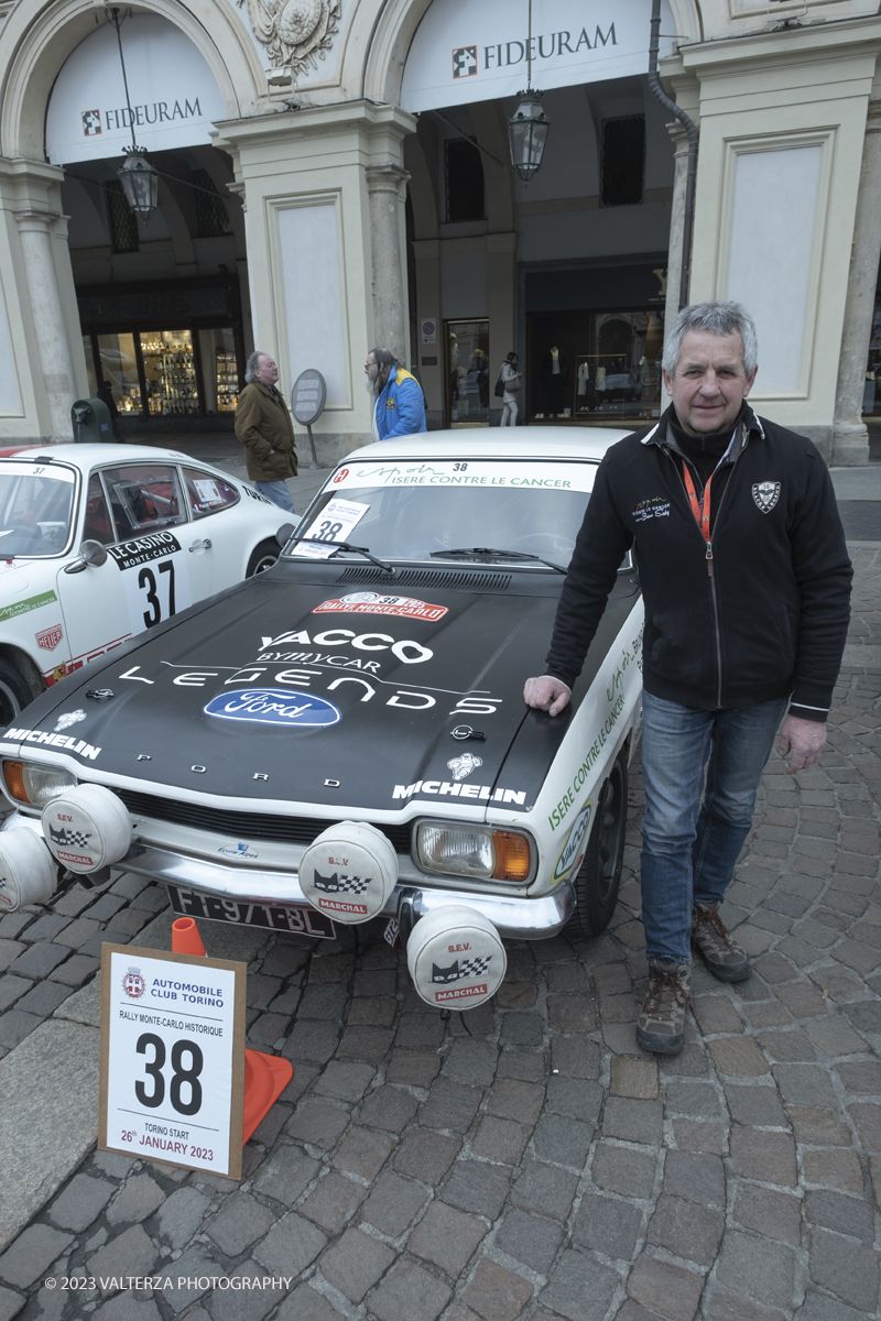 _DSF7099.jpg - 26/01/2023. Torino. Dopo  sette anni, torna a Torino il Rally Storico di Montecarlo, la rievocazione storica del rally su strada piÃ¹ antico del mondo, riservata alle vetture dâ€™epoca che hanno partecipato ad almeno un Rally Automobile Monte-Carlo entro il 1983. Nella foto la Ford Capri 2300 S del 1970 N. 38 dell'equipaggio Saby Bruno in foto e Serre Pascale