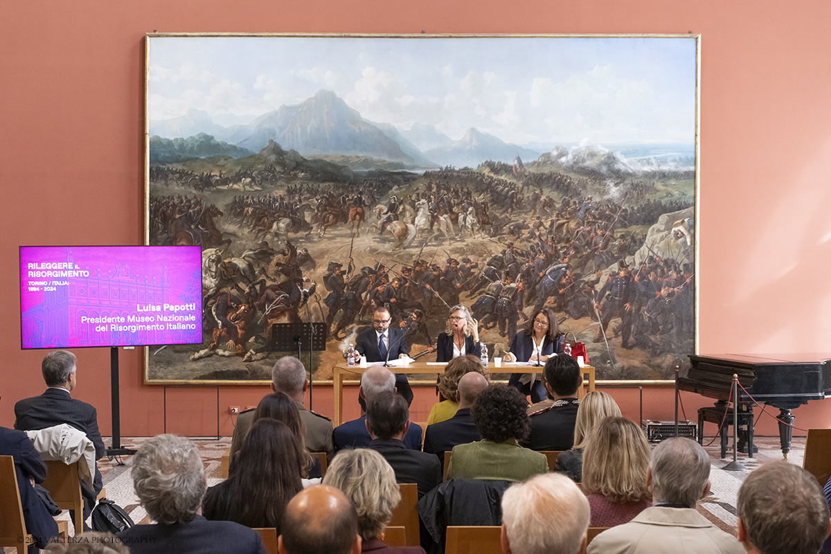 _DSF6448.jpg - 21/10/2024. Torino. Lâ€™esposizione, vuole ricordare, a 140 anni dallâ€™evento, il primo allestimento del Museo del Risorgimento: il Tempio del Risorgimento che fu collocato in uno spazio dellâ€™Esposizione Generale Italiana del 1884, tenutasi nel Parco del Valentino. Nella foto un momento della presentazione della mostra con i relatori Luisa Papotti,Presidente del Museo, Alessandro Bollo Direttore del Museo e curatore della mostra e Silvia Cavicchioli curatrice della mostra