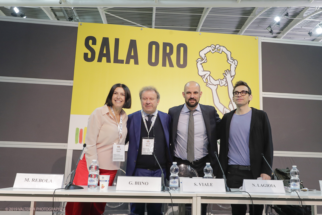 _G3I3933.jpg - 09/05/2019. Torino, 32mo Salone Internazionale del Libro. Nella foto  Maurizia Rebola, Direttore della Fondazione Circolo dei lettori, il notaio Giulio Biino, presidente del Circolo dei Lettori , Silvio Viale, presidente dell'associazione " Torino, cittÃ  del Libro",  Nicola Lagioia direttore del Salone Internazionale del Libro all'inaugurazione del Salone.