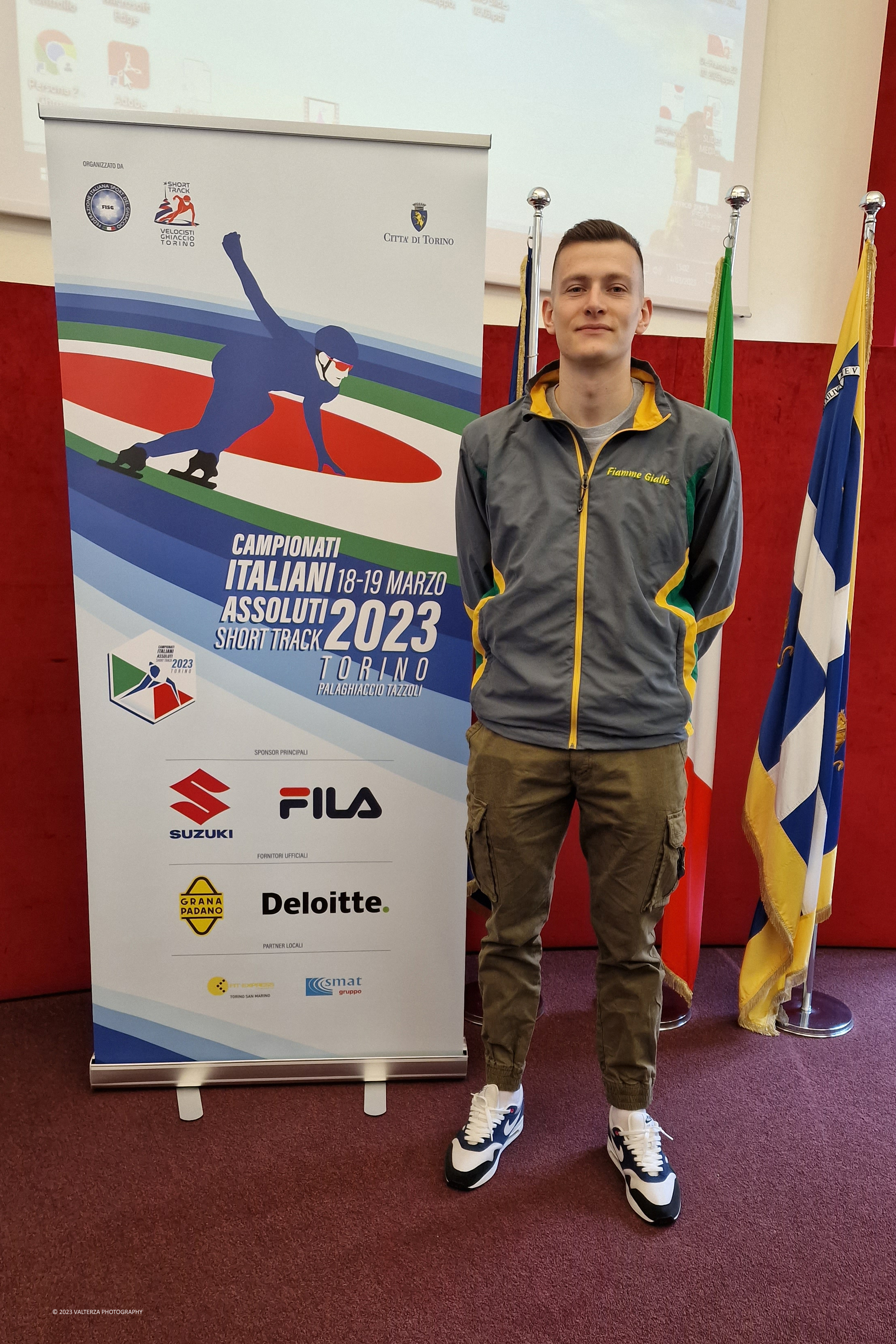 20230314_150242.jpg - 14/03/2023.Torino. Short Track, presentati a Torino i Campionati Italiani Assoluti 2023.La rassegna tricolore assegnerÃ  i titoli senior sia al maschile che al femminile. Nella foto Andrea Cassinelli, reduce da due medaglie ai recenti Mondiali in Corea in gara per gli assoluti italiani