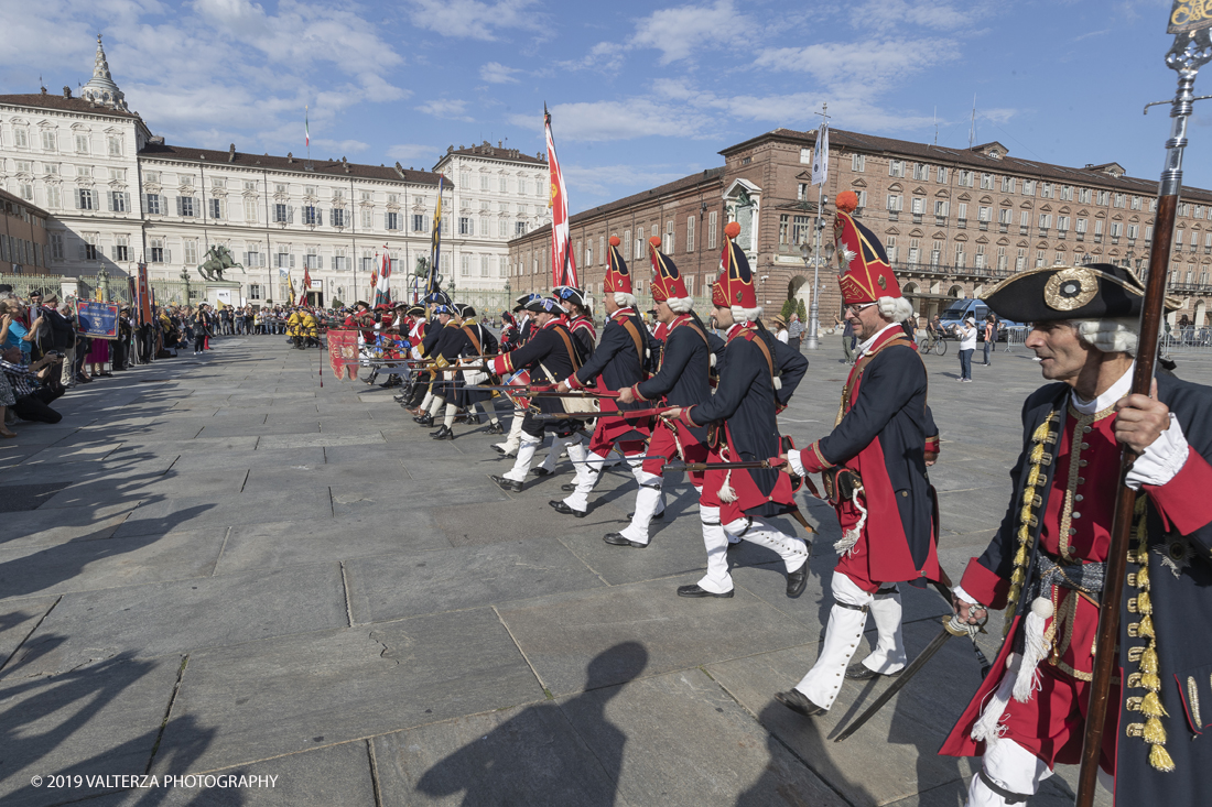 _G3I4249.jpg - 7/09/2019. Torino. Cerimonie di celebrazione dell'evento  con il gruppo storico Pietro Micca. Nella foto Parata storica in Piazza Castello.