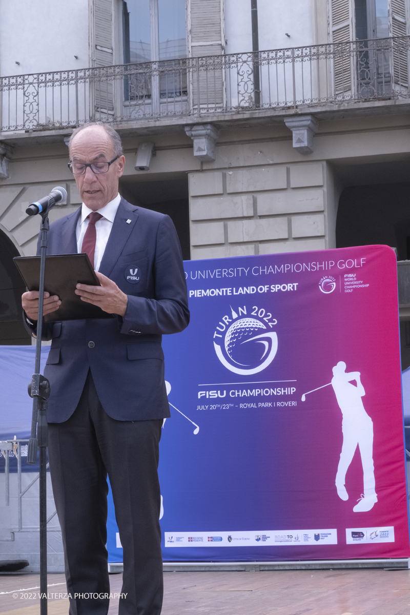 _DSF0900.jpg - 18/07/2022. Torino. Tornano i Mondiali universitari di golf: lâ€™evento 2022, giunto alla 18esima edizione, si terrÃ  dal 20 al 23 luglio al Royal Park I Roveri. In gara 19 Federazioni e 138 tra atleti e officials. Nella foto l'ntervento di Leonz Eder â€“ FISU Acting President