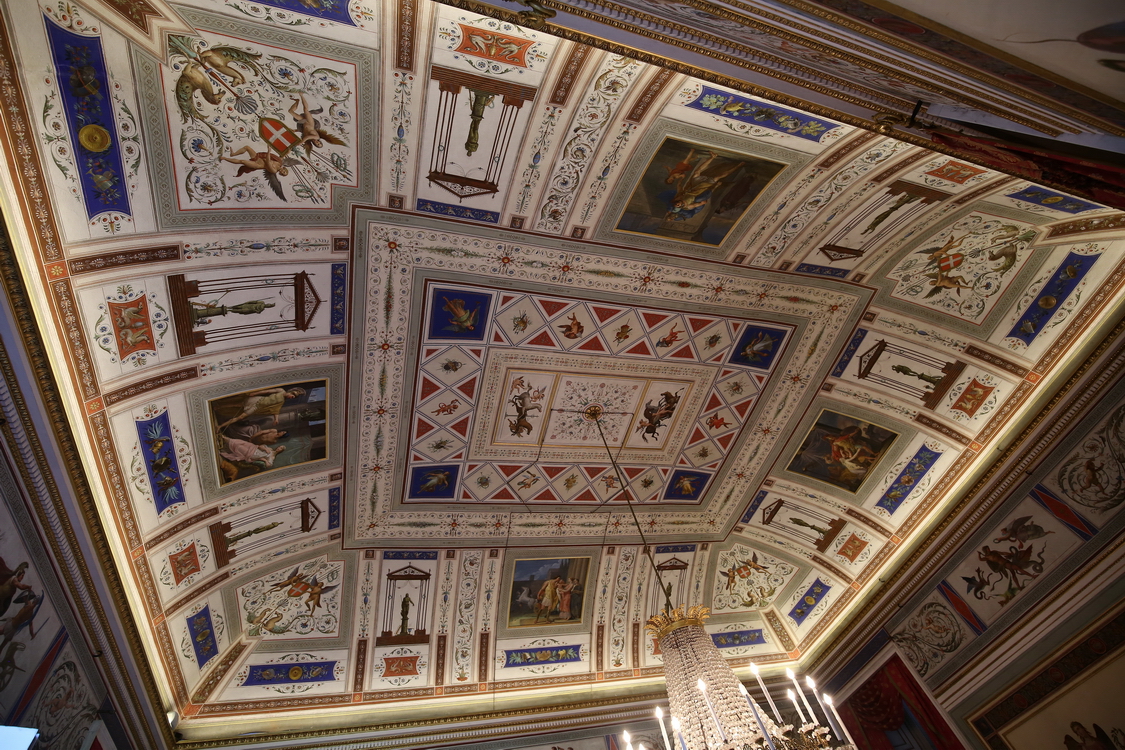 CastelloRacconigi_036.JPG - Sala dei Dignitari - Soffitto  Nei riquadri della volta sono raffigurate scene tratte da opere di Omero e Virgilio  e la decorazione, opera di Cinati e Trefogli, tempietti alla pompeiana, putti, uccelli e draghi sono accostati a croci sabaude e trofei di guerra