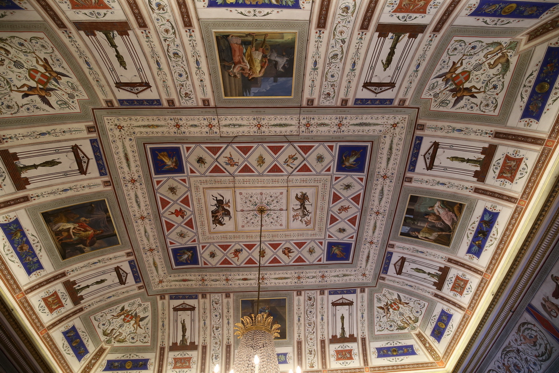 CastelloRacconigi_037.JPG - Sala dei Dignitari - Soffitto  Nei riquadri della volta sono raffigurate scene tratte da opere di Omero e Virgilio e la decorazione, opera di Cinati e Trefogli, tempietti alla pompeiana, putti, uccelli e draghi sono accostati a croci sabaude e trofei di guerra