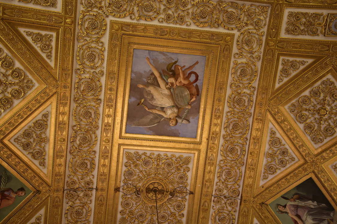 CastelloRacconigi_046.JPG - Sala del Ricevimento  Pelagio Palagi progetta  per il soffitto di questa sala l'esemplificazione delle virtù di Carlo Alberto (il cui monogramma su sfondo azzurro è presente sulle cornici): la Fama al centro suona la tromba e nei quattro punti cardinali si trovano la Giustizia, la Fortezza, la Temperanza e la Prudenza, dipinte da Vitale Sala.